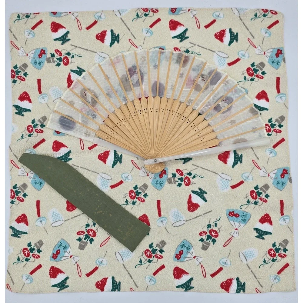 VTG Summer Themed White Bunny and Floral Folding Fan + Sheen Summer Theme Fabric
